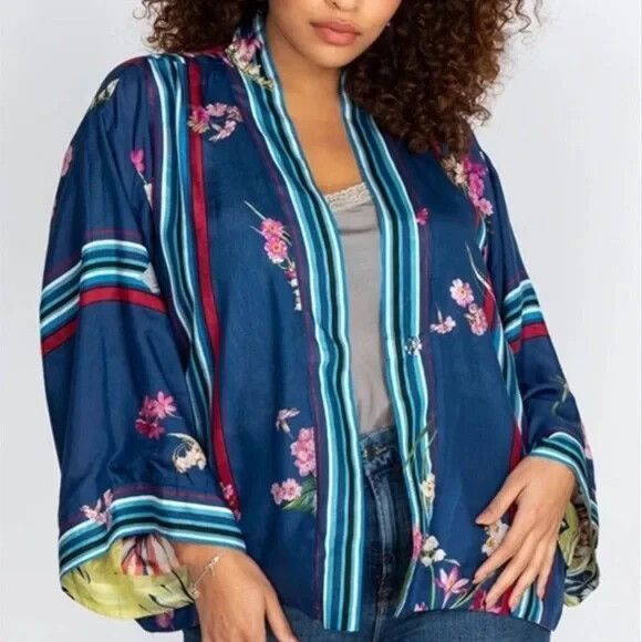 Johnny Was Other - NWT Johnny Was Blue Floral Kygo Nana Silk Reversible Kimono Size 1X